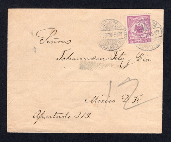 MEXICO - 1914 - CIVIL WAR: Cover franked with single 1914 15c mauve 'Denver' issue (SG CT44) tied by AGUASCALIENTES cds's dated 21 SEP 1914. Addressed to MEXICO CITY with arrival mark on reverse.  (MEX/41461)