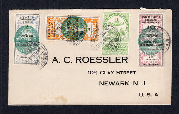 MEXICO - 1913 - CIVIL WAR & POSTAL FISCALS: Roessler' cover franked with 1913 1c yellow green 'Transitorio' REVENUE issue with coupon (SG S26B) and 1913 2c orange & green, 5c blue and green and 10c red & green 'Sonora Seal' ESTADO LIBRE Y SOBERANO 'Revenue' stamps all with coupons tied by multiple strikes of NOGALES, SON cds dated 7 DEC 1913. Addressed to USA. A lovely item.  (MEX/41463)