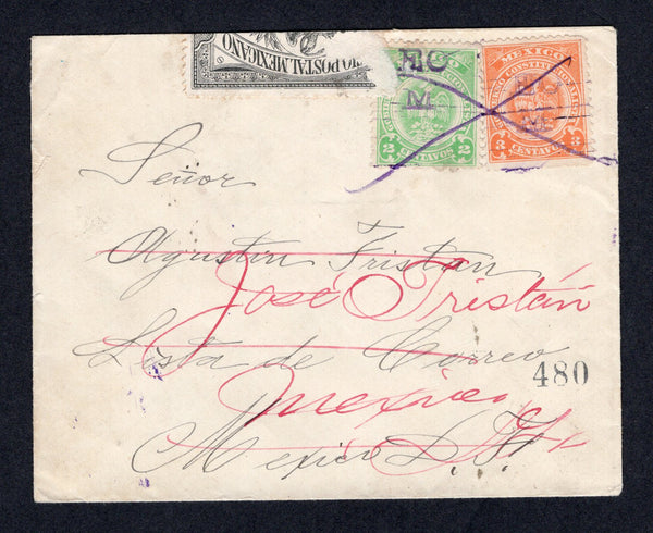 MEXICO - 1914 - CIVIL WAR: Cover franked with 1914 2c yellow green and 3c orange 'Denver' REVENUE issue with 'EC M' overprints of MATEHUALA, San Luis Potosi state (SG 13/14) tied by manuscript 'X' in purple. Addressed to MEXICO CITY unclaimed with large 'COMPLE SU TERMINO DE LEY EL DIA' cds in purple dated NOV 2 1914 and black on white 'DEPARTAMENTO DE REZAGOS' Official Seal at top of envelope (slightly torn on front) tied by MEXICO REZAGOS cds on reverse. A rare issue used on cover.  (MEX/41464)