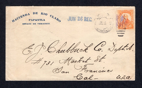 MEXICO - 1915 - CIVIL WAR: Printed 'Hacienda de Rio Claro Papantla Estado Veracruz' cover franked with single 1914 5c orange with large 'GCM' monogram handstamp in violet (SG CT26) tied by PAPANTLA cds dated 31 MAY 1915 with second strike on reverse. Addressed to USA  (MEX/41465)