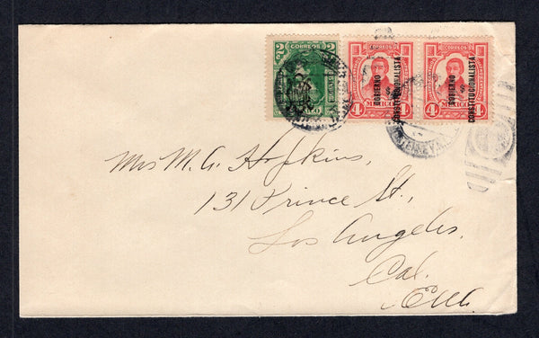 MEXICO - 1915 - CIVIL WAR: Cover franked with 1914 2c green with 'Villa-Zapata' monogram overprint in black and pair 1914 4c carmine with 'GOBIERNO $ CONSTITUTIONALISTA' overprint in black (SG CV22 & CT61) tied by MONTERREY cds's. Addressed to USA. Nice combination of Constitutionalist and Conventionist issues.  (MEX/41467)