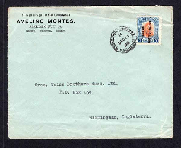 MEXICO - 1914 - CIVIL WAR & MARITIME: Printed 'Avelino Montes Apartado Num 13, Merida, Yucatan, Mexico' cover franked with single 1914 10c orange & blue with 'GOBIERNO $ CONSTITUTIONALISTA' overprint in black (SG CT63) tied by N.Y.P.O. HUDSON TERM. STA PAQUEBOT cds dated DEC 11 1914. Addressed to UK.  (MEX/41468)