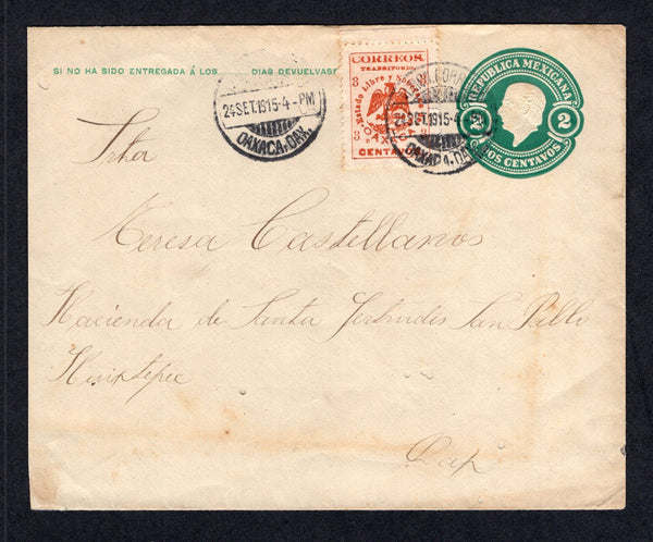 MEXICO - 1915 - CIVIL WAR - OAXACA ISSUE: 2c green postal stationery envelope (UPSS #E70b, H&G B60a) used with added 1914 3c orange buff 'Oaxaca' PROVISIONAL issue (SG X3) tied by two strikes of OAXACA cds dated 24 SET 1915. Addressed to SAN PABLO HUIXTEPEC with arrival cds on reverse. Cover has a few small repaired worm holes but otherwise a good looking and rare issue used on cover.  (MEX/41472)