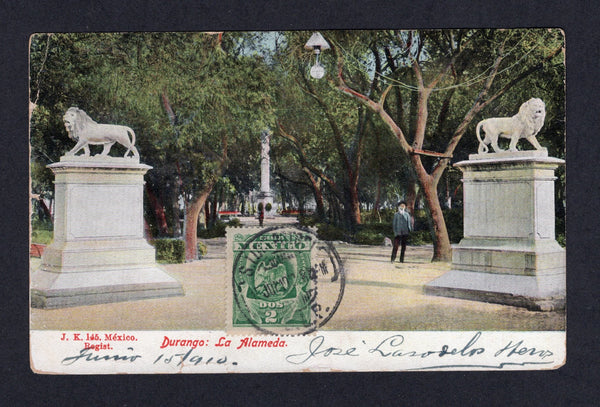 MEXICO - 1910 - DESTINATION: Colour PPC 'Durango: La Almeda' franked on picture side with 1903 2c green 'Arms' issue (SG 277) tied by S. LUIS POTOSI cds dated 15 JUN 1910. Addressed to JAVA, DUTCH EAST INDIES with transit & arrival marks on reverse.  (MEX/41480)