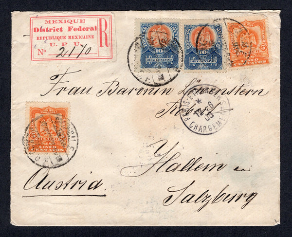 MEXICO - 1906 - REGISTRATION: Registered cover franked with 1903 2 x 5c orange and pair 10c orange & blue 'Arms' issue (SG 279/280) tied by SUCURSAL E MEXICO D.F. cds's dated 30 MAY 1906 with printed red on white 'MEXIQUE U.P.U.' registration label alongside. Addressed to AUSTRIA with transit & arrival marks on front & reverse.  (MEX/41481)