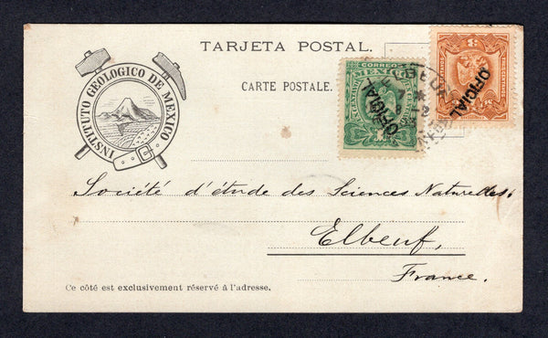 MEXICO - 1903 - OFFICIAL MAIL: Printed 'Instituto Geologico de Mexico' OFFICIAL postcard with 'Volcano' illustration datelined 'Mexico, Enero 20 de 1903' on reverse franked with 1899 1c green and 3c yellow brown 'Arms' issue with 'OFICIAL' handstamps in black (SG O276 & O278). Addressed to FRANCE with stamps tied on arrival by ELBEUF SEINE cds dated 8 - 2 1903. Scarce use.  (MEX/41482)
