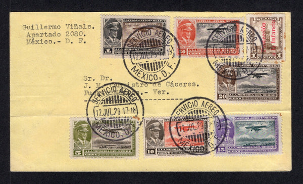 MEXICO - 1929 - AIRMAIL COMMEMORATION: Cover franked with 1929 'First Death Anniversary of Emilio Carranza' AIR issue the set of six and 1929 1c brown TX issue (SG 463/468 & 457) tied by SERVICIO AEREO MEXICO D.F. cds's dated 12 JUL 1929, the first day of issue with 'Emilio Carranza Julio 12 1928-1929' commemorative cachet on reverse with additional airplane cachet both in violet. Addressed to PUERTO MEXICO, VERACRUZ. (Muller #33, rated 1000pts)  (MEX/41488)