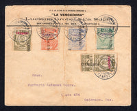 MEXICO - 1914 - CIVIL WAR FORGERY & POSTAL FISCALS: Printed 'La Vencedora Luciano Grobert & Ca. Sucr. San Andres Tuxtla, Ver, Mex' envelope franked with 1914 2c green, 5c orange and 10c ultramarine 'Documentary' REVENUE issue each stamp with 'CORREOS' overprint in purple and 'PUERTO MEXICO' district overprint and 1914 2 x 1c olive 'Renta Interior' REVENUE issue one with & one without coupon both overprinted 'CORREOS' in red with 'PUERTO MEXICO' district overprint (Stevens #DO452B, DO454B, DO455B, R405A & R