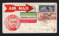 MEXICO - 1928 - AIRMAIL: Incoming illustrated 'Roessler' airmail cover from USA franked with USA 1927 10c deep blue 'Lindbergh Transatlantic Flight' issue (SG A646) tied by SAN ANTONIO TEXAS cds dated APR 23 1928. Originally addressed to MEXICO and then returned with added 1923 10c rose carmine and 1927 25c sepia & lake AIR issue (SG 442 & 454) tied by TAMPICO cds dated 24 APR 1928. Addressed back to the USA with NEW YORK arrival cds dated the same day on reverse. An unusual cover which flew to Mexico and 