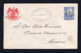 MEXICO - 1897 - CANCELLATION, ROUTING & ISLAND MAIL: 5c ultramarine 'Mulitas' postal stationery envelope (H&G B45, UPSS #E55) used with circular 'Bars' cancel and fine strike of oval FRANCO EN PALIZADA cancel in black dated 19 FEBR 1897. Addressed to MEXICO CITY routed via Isla del Carmen with fine ISLA DEL CARMEN transit cds and MEXICO arrival cds on reverse. Very unusual.  (MEX/41596)