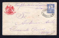 MEXICO - 1896 - POSTAL STATIONERY & CANCELLATION: 5c ultramarine 'Mulitas' postal stationery envelope (H&G B45, UPSS #E55) with manuscript 'Empleado en el servicio urbano' at top used with good strike of undated oval FRANCO TUXPAN DE M. (Michoacan) cancel in black. Addressed to MEXICO CITY with arrival cds on reverse.  (MEX/41597)