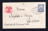 MEXICO - 1896 - POSTAL STATIONERY & CANCELLATION: 5c ultramarine 'Mulitas' postal stationery envelope (H&G B45, UPSS #E55) used with good strike of undated oval FRANCO EN OJOCALIENTE E. DE ZACATECAS cancel in black. Addressed to MEXICO CITY with arrival cds on reverse.  (MEX/41598)