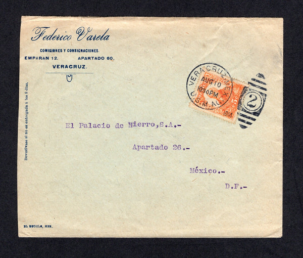 MEXICO - 1914 - CIVIL WAR & US POSTAL AGENCY: Printed 'Federico Vasela, Comisiones y Consignaciones, Veracruz' agents cover franked with single 1910 5c orange (SG 286) tied by fine strike of VERACRUZ, MEX U.S.M.AG. '2' duplex cancel in black dated AUG 10 1914. Addressed to MEXICO CITY with arrival marks on reverse.  (MEX/41599)