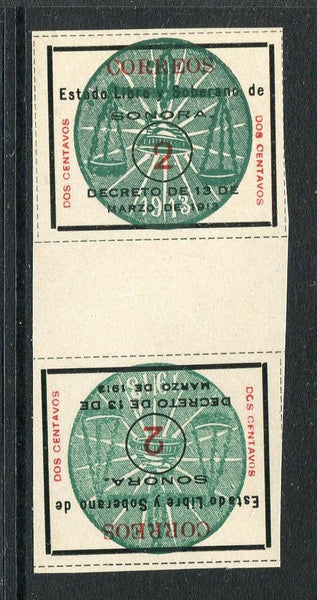MEXICO - 1914 - CIVIL WAR & VARIETY: 2c black, green & red 'Sonora Seal' issue rouletted 16 in black, a fine unused TETE BECHE PAIR. Uncommon. (SG S21 variety)  (MEX/5050)