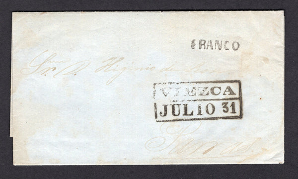 MEXICO - 1858 - SELLO NEGRO: Stampless folded letter from VIEZCA to PARRAL with small straight line FRANCO and large boxed VIEZCA JULIO 31 marking both in black.  (MEX/589)