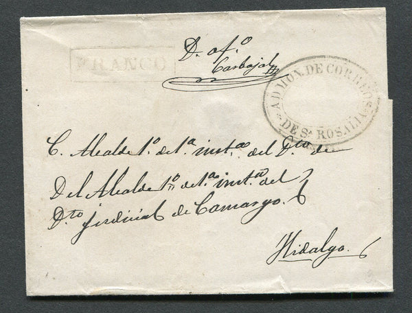 MEXICO - Circa 1862 - SELLO NEGRO: Stampless cover from SANTA ROSALIA to HIDALGO with boxed FRANCO and fine oval ADMON DE CORREOS DE SA ROSALIA marking in black. Fine.  (MEX/590)