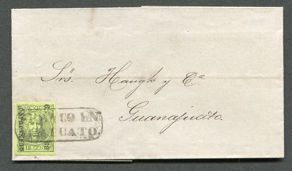 MEXICO - 1870 - CANCELLATION: Cover franked with single 1868 12c black on green (SG 68) with GUANAJUATO district overprint, four good margins tied by fine boxed FRANCO EN YRAPUATO cancel in black. Addressed to GUANAJUATO.  (MEX/606)