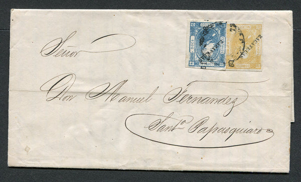 MEXICO - 1873 - HIDALGO ISSUE: Folded letter franked with 1872 12c blue and 50c buff (SG 88 & 90) with ZACATECAS district overprints, both four margin copies tied by indistinct ZACATECAS cds. Addressed to SANTA PAPASQUIARO. Uncommon franking.  (MEX/607)