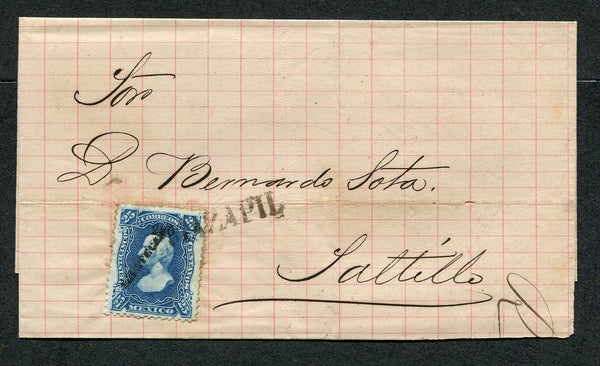 MEXICO - 1881 - CANCELLATION: Cover franked with single 1874 25c blue with ZACATECAS district overprint (SG 99) tied by superb strike of straight line MAZAPIL cancel in black. Addressed to SALTILLO.  (MEX/610)