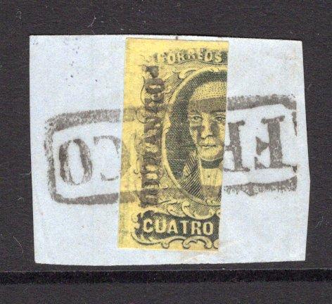 MEXICO - 1861 - BISECT: 4r grey black on yellow HIDALGO ISSUE with 'Durango' district overprint, a very fine used copy BISECTED and tied on small piece by boxed FRANCO cancel. 2007 MESPI Certificate accompanies. (SG 11c, Follansbee #9½)  (MEX/6672)