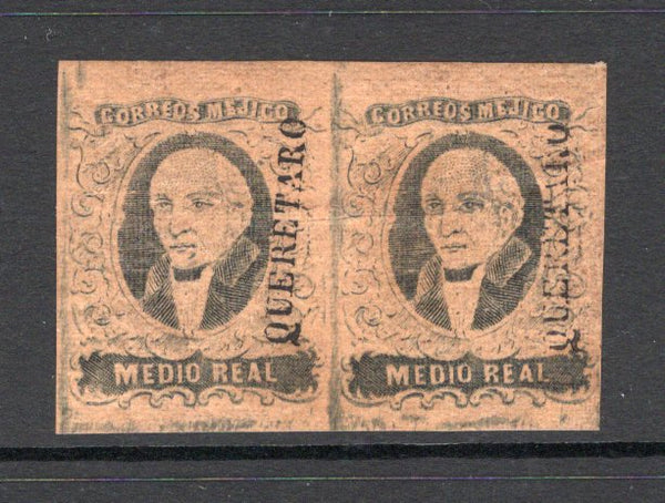 MEXICO - 1861 - HIDALGO ISSUE: ½r black on orange buff HIDALGO ISSUE with 'Queretaro' district overprint, a very fine mint pair with full O.G. Large margins all round. (SG 8, Follansbee #6)  (MEX/6698)