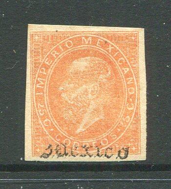 MEXICO - 1866 - MAXIMILLIAN ISSUE: 25c orange LITHO MAXIMILLIAN issue with 'MEXICO' district overprint only, a fine four margin copy unused. (SG 38e, Follansbee #49M)  (MEX/7523)