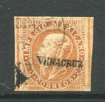 MEXICO - 1866 - MAXIMILLIAN ISSUE: 25c brown orange ENGRAVED MAXIMILLIAN issue with '115 - 866' Invoice number and 'VERACRUZ' district overprint, a fine used copy with four margins, tight in places. (SG 42, Follansbee #54)  (MEX/7563)