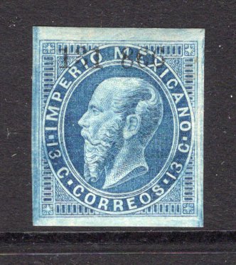 MEXICO - 1866 - MAXIMILLIAN ISSUE: 13c blue ENGRAVED MAXIMILLIAN issue with '131 - 866' Invoice number and date only, issued to 'IXTLAHUACA' district, a fine mint copy with four margins. Scarce district. (SG 41a, Follansbee #53B)  (MEX/7571)