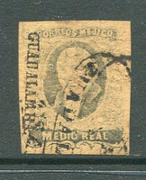 MEXICO - 1861 - HIDALGO ISSUE: ½r grey black on brown HIDALGO ISSUE with 'Guadalajara' district overprint, a very fine used copy with four large margins. (SG 8a, Follansbee #6a)  (MEX/861)