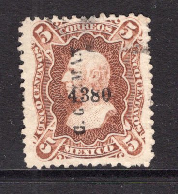 MEXICO - 1874 - HIDALGO 1874 ISSUE: 5c brown on thick vertically LAID paper 'Second' issue with '4380' numerals close together at bottom and 'C. Guzman' district overprint, a fine unused copy. Small thin on reverse but scarce district. (SG 110, Follansbee #102z)  (MEX/874)