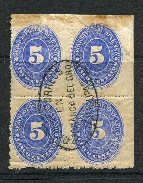 MEXICO - 1892 - CANCELLATION: 5c blue 'Numeral' issue, perf 12 a fine used block of four with complete central strike of undated oval OFNA DE CORREOS EN BARRANCA DEL ORO TAMAULIPAS cancel. Superb. (SG 212)  (MEX/884)