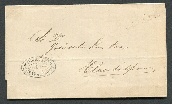 MEXICO - 1881 - SELLO NEGRO: Stampless cover from COSAMALOAPAM to TLACOTALPAM with fine strike of small oval FRANCO EN COSAMALOAPAM marking in black. Very Fine.  (MEX/9977)
