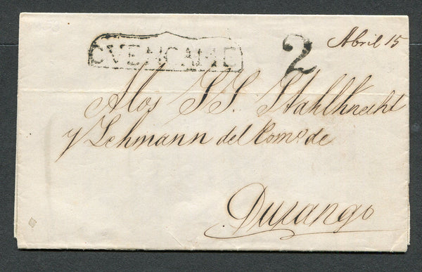 MEXICO - 1853 - PRESTAMP: Stampless folded letter from ATOTONILCA to DURANGO with good strike of fancy framed CUENCAME marking in black with handstruck '2' rate marking alongside also in black.  (MEX/9993)