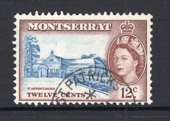 MONTSERRAT - 1953 - CANCELLATION: 12c blue & red brown QE2 issue used with good part strike of ST. PATRICKS cds. (SG 144)  (MNT/35884)