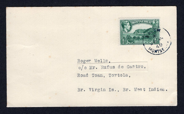 MONTSERRAT - 1940 - CANCELLATION: 'Wells' cover franked with single 1938 ½d blue green GVI issue (SG 101) tied by good strike of SALEM cds dated JAN 16 1940. Addressed to TORTOLA, BRITISH VIRGIN ISLANDS with ROAD-TOWN arrival cds on reverse dated JAN 20 1940. Cover has a couple of very light tone spots.  (MNT/37542)