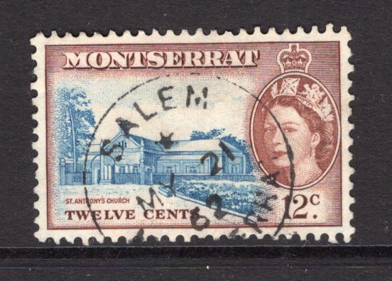 MONTSERRAT - 1953 - CANCELLATION: 12c blue & red brown QE2 issue used with fine strike of SALEM cds dated MY 21 1962. (SG 144)  (MNT/40505)