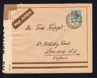 MOROCCO AGENCIES - 1941 - GREAT BRITAIN USED IN MOROCCO: Cover franked with Great Britain 1937 4d grey green GVI issue (SG Z184) tied by TANGIER cds. Sent airmail to UK, censored in transit with 'OPENED BY EXAMINER 361' censor strip at left.  (MOR/21492)