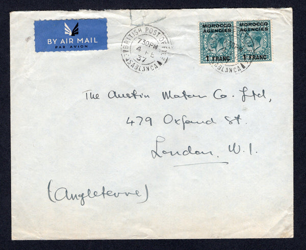 MOROCCO AGENCIES - 1937 - GV ISSUE & AIRMAIL: Cover franked with 1925 pair 1f on 10d turquoise blue GV issue overprinted in French Currency (SG 210) tied by CASABLANCA cds with second strike alongside. Sent airmail to UK. Cover has repaired tear at top.  (MOR/21498)