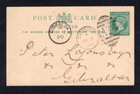 MOROCCO AGENCIES - 1890 - GIBRALTAR USED IN MOROCCO: 5c green QV postal stationery card of Gibraltar (H&G 15) used with TANGIER 'A26' duplex cancel dated APR 7 1890. Addressed to GIBRALTAR with arrival cds on front. Fine.  (MOR/32012)