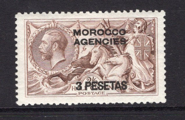 MOROCCO AGENCIES - 1914 - SEAHORSE ISSUE: 3p on 2/6 grey brown GV 'Seahorse' issue with overprint in 'Spanish Currency', De La Rue printing, a fine mint copy. (SG 139)  (MOR/39294)
