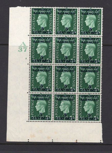 MOROCCO AGENCIES - 1937 - MULTIPLE: 5c on ½d green GVI issue with overprint in 'French Currency', a fine mint corner marginal block of twelve with 'A 37' CYLINDER NUMBER in margin. (SG 230)  (MOR/39301)