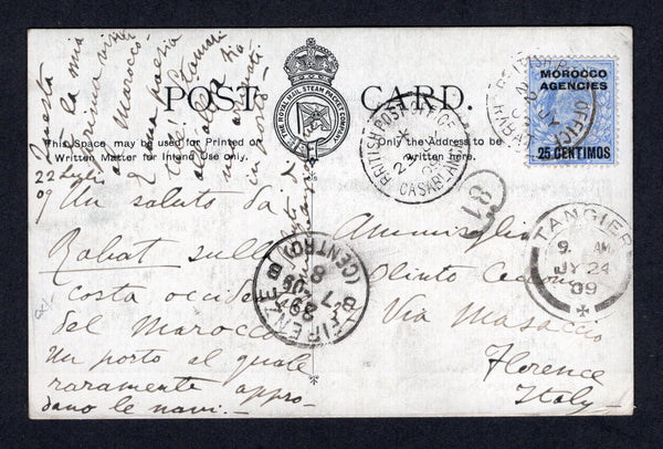 MOROCCO AGENCIES - 1909 - CANCELLATION: Black & white printed 'Royal Mail Steam Packet Company' PPC of the 'R.M.S.P. "Agadir"' franked on message side with 1907 25c on 2½d pale ultramarine EVII issue (SG 116a) tied by BRITISH POST OFFICE RABAT cds dated 22 JUL 1909. Addressed to ITALY with CASABLANCA and TANGIER transit cds's and Italian arrival cds all on front. Very fine.  (MOR/40469)