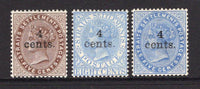 MALAYA - STRAITS SETTLEMENTS - 1898 - QV ISSUE: '4 Cents' surcharge on QV issue, the set of three fine mint. (SG 106/108)  (MYA/14303)