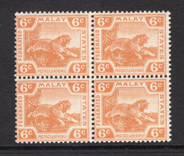 MALAYA - FEDERATED MALAY STATES - 1904 - MULTIPLE: 6c orange 'Tiger' issue, a fine unmounted mint block of four. (SG 40)  (MYA/14333)