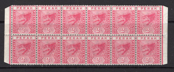 MALAYA - PERAK - 1892 - MULTIPLE: 2c rose 'Tiger' issue, a fine mint block of twelve comprising the two rows of the sheet with margins on two sides. (SG 62)  (MYA/14378)