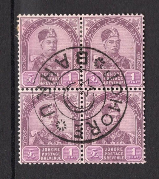 MALAYA - JOHORE - 1891 - MULTIPLE & CANCELLATION: 1c dull purple & mauve 'Sultan Aboubakar' issue, no watermark, a fine block of four used with a superb central strike of the undated JOHORE BAHRU 'Star & Crescent' cancel in black. (SG 21)  (MYA/24291)