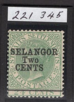 MALAYA - SELANGOR - 1891 - PROVISIONAL ISSUE: 2c on 24c green QV 'Provisional' surcharge issue with overprint type 39. An unused copy without gum. 2015 RPSL Certificate accompanies. (SG 48)  (MYA/25922)