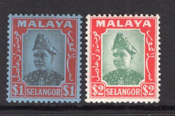 MALAYA - SELANGOR - 1941 - DEFINITIVE ISSUE: $1 black & red on blue and $2 green & scarlet, the pair fine mint. (SG 86/87)  (MYA/25923)
