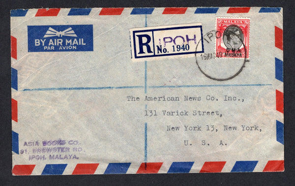 MALAYA - BRITISH MILITARY ADMINISTRATION - 1949 - REGISTRATION: Airmail cover franked with 1945 $1 black & red GVI issue with 'B M A MALAYA' overprint (SG 15) with blue & white registration label with 'IPOH' handstamp in purple both tied by fine IPOH cds dated 15 MAR 1949. Addressed to USA with various transit & arrival marks on reverse.  (MYA/29595)