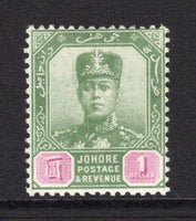 MALAYA - JOHORE - 1910 - EVII ISSUE: $1 green & mauve 'Sultan Sir Ibrahim' issue watermark 'Multiple Rosettes', a fine mint copy. (SG 87)  (MYA/33451)